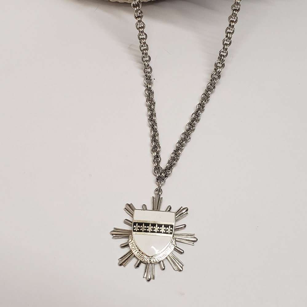 Unique White Enamel Le Fleur Shield Pendant Necklace - Picture 2 of 8